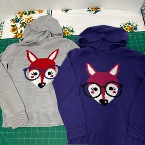 Girls size 7-8 (M) Fox Design Knit Hoodies in Gray & Purple Sequin Glasses